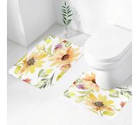 FEHWI Set Tappeti Bagno 2 Pezzi in Microfibra - Tappetino da Bagno Morbido e Antiscivolo - Durevole e Assorbente,Fiore acquerello, girasoli estivi color pastello con foglie11