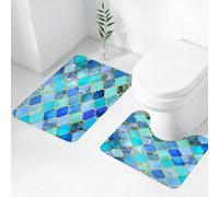 FEHWI Set Tappeti Bagno 2 Pezzi in Microfibra - Tappetino da Bagno Morbido e Antiscivolo - Durevole e Assorbente,Vetrata colorata blu-viola disegnata a mano ad acquerello. Elementi orientali ad a