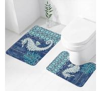 FEHWI Set Tappeti Bagno 2 Pezzi in Microfibra - Tappetino da Bagno Morbido e Antiscivolo - Durevole e Assorbente,Arte, grazioso cavalluccio marino su sfondo blu con complessi motivi circolari e