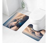 FEHWI Set Tappeti Bagno 2 Pezzi in Microfibra - Tappetino da Bagno Morbido e Antiscivolo - Durevole e Assorbente,Un aereo bianco sorvola montagne e nuvole basse al tramonto in estate