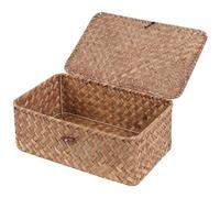 FEIALNDUO Cestini per scaffali in vimini con coperchio, cestini portaoggetti in erba marina rettangolari intrecciati a mano per scaffali scrivania organizer per la casa (Caffè, Piccolo)