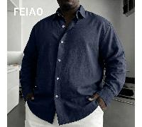 FEIAO Camicia da uomo vintage "Old Money Style" in 100% puro cotone con texture di lino, colletto con bottoni, colore unito, maniche lunghe, adatta per tutte le stagioni 2XL,3XL,4XL,5XL,6XLBlocchi di 