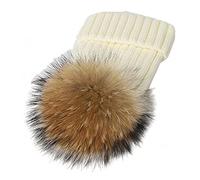 feifanshop - Berretto caldo con pompon in vera pelliccia di procione, ideale per lo sci, bianco, Taglia unica