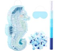 Feifeiya Piñata a forma di cavalluccio marino blu acquerello con coriandoli bendati per feste di compleanno a tema oceano sotto il mare e sirena oceano decorazioni per feste di compleanno
