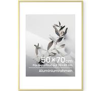 Feihorrm Cornici 50 x 70, Alluminio Oro Cornice Foto 50 x 70 cm, Senza Passepartout o 39 x 49 cm, con Passepartout, Cornice in Metallo con Vetro Temperato per Grandi foto, Mostre, Opere D'arte