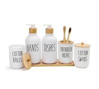 FEILANDUO 6 pezzi in plastica, set di accessori per il bagno con vassoio di vanità, dispenser di sapone, set porta spazzolino da denti, Qtip e porta palline di cotone (R-Bianco)