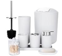 FEILANDUO Set completo di accessori da bagno, 8 pezzi con cestino, dispenser di sapone, portasapone, portaspazzolino, tazza per spazzolino, scopino per WC e porta Qtip, vassoio da trucco bianco