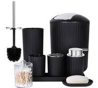 FEILANDUO Set completo di accessori da bagno, 8 pezzi con cestino, dispenser di sapone, portasapone, portaspazzolino, tazza per spazzolino, scopino per WC e porta Qtip, vassoio da toeletta, nero
