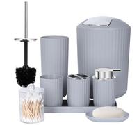 FEILANDUO Set completo di accessori da bagno, 8 pezzi con cestino, dispenser di sapone, portasapone, portaspazzolino, tazza per spazzolino, scopino per WC e porta Qtip, vassoio da trucco bianco