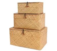 FEILANDUO Set di 3 Cestini con Coperchio Intrecciati a Mano in Marina, Organizer per Trucchi Multiuso Cestini Portaoggetti Cesta Vimini con Coperchio Cestino Naturale Intrecciato con Alghe (Grande)