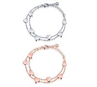 Feilok Bracciale da donna a strati con cuori e doppia catena, in acciaio inox, per donne e ragazze, 14 centimeters, Acciaio inossidabile,
