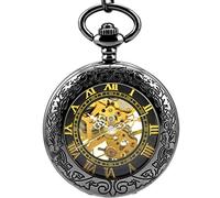 Feilok Orologio da tasca antico nero con numeri romani, carica manuale, orologio tasca meccanico, catenina con ciondolo, lupa nera da cavaliere, alta qualità
