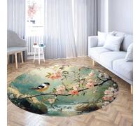 FEIPUHOME Art Bird Blossom Serenity Tappeti rotondi Fiori di pesco Anatre Ruscello e cascata Tappeto Lavabile a pelo corto Soggiorno Cucina sotto il lavello Antiscivolo 120x120cm