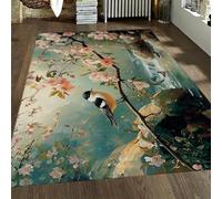 FEIPUHOME Art Fiori d'uccello Serenity Tappeti Fiori di pesco Anatre Ruscello e cascata Tappeto Lavabile a pelo corto Soggiorno Cucina sotto il lavello Antiscivolo 160x200cm
