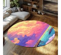 FEIPUHOME Art Oceano Tema Decorazione Tappeto Molo Turisti Nave Da Crociera Nuvole Tappeti Rotondi per Interno Esterno Camera Da Letto Sala Da Pranzo A Pile Basso Lavabile 120x120cm