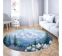FEIPUHOME Art Paesaggio estetico Tappeto rotondo Montagne innevate Uccelli volanti Giungla Campo di fiori Tappeti per soggiorno Camera da letto sotto il tavolo a pelo corto 200x200cm