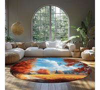 FEIPUHOME Art Paesaggio rurale Tappeto rotondo lavabile per casa colonica Soggiorno Sala pranzo Campo di grano Percorso Cabina Tappeto a pelo corto sotto il tavolo pieghevole 160x160cm