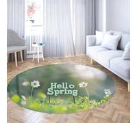 FEIPUHOME Art Primavera Boho Tappeti rotondi Incantevoli fiori bianchi e prato verde lavabile antiscivolo ingresso zerbino scuola materna sala giochi dormitorio minimalista Home Decor 80x80cm