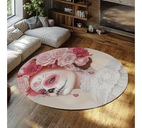 FEIPUHOME Art Romantico Rosa Rotondo Tappeto Eleganza Donna con Trucco a Tema Halloween Tappeti Soggiorno Camera da letto Tappetino Antiscivolo Interno Esterno Pile Basso 120x120cm