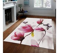 FEIPUHOME Art Rustico rosa magnolia area tappeto fiori e farfalle modello tappeto antiscivolo tappeti morbidi per corridoio camera da letto 160x230cm