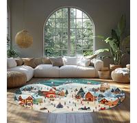 FEIPUHOME Art Scena di neve di Natale Tappeto rotondo lavabile a pelo basso Albero di Natale Bambini che giocano Cottage Tappeti per soggiorno Cameretta antiscivolo 80x80cm