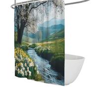 FEIPUHOME Art Set di tende da doccia in tessuto per paesaggi naturali moderni con ganci Alberi fioriti giganti Praterie fluviali Tende da bagno per bagno decorativo 120 x 200 cm