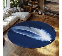 FEIPUHOME Art Tappeti pavimento in stile minimalista Tappeto rotondo con motivo a piume Morbido antiscivolo per camera letto Appartamento sotto il tavolo Velo basso lavabile blu e bianco 120x120cm