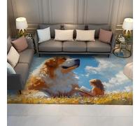 FEIPUHOME Art Tappeto caldo e romantico Grande ragazza cane che legge sul pavimento in erba Tappeti per la stanza del bambino della scuola materna Area salotto Soggiorno lavabile 120x150cm
