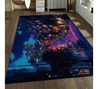 FEIPUHOME Art Tappeto notturno della città in stile anime Edifici affollati di notte Lampioni Tappeti lavabili per soggiorno Camera letto Pile basso antiscivolo 120x180cm