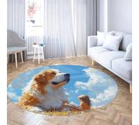 FEIPUHOME Art Tappeto rotondo caldo e romantico Cane grande ragazza che legge sull'erba Tappeti per la stanza del bambino della scuola materna Area salotto Soggiorno Lavabile 120x120cm