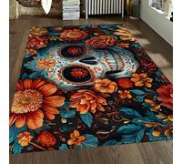 FEIPUHOME Art Teschio con tappeti floreali Messicano Giorno dei Morti Decor Throw Tappeto Lavabile Antiscivolo per Fattoria Lobby Room Ingresso Multicolor 60x90cm