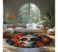FEIPUHOME Art Teschio con tappeti rotondi floreali Messicano Giorno dei Morti Decor Throw Tappeto Lavabile Antiscivolo per Fattoria Lobby Room Ingresso Multicolor 200x200cm