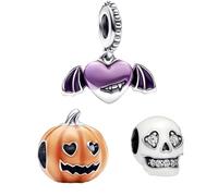 Feitery Ciondolo a forma di teschio Jack-O-Lantern, compatibile con braccialetti Pandora, gioiello a forma di cuore, regalo per donne, Zirconia cubica, Zirconie sintetico