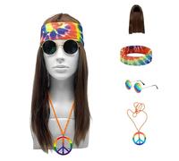 Feithmonic 4 Pezzi- Parrucca Hippie Uomo Donna Anni '70 '80, Parruccas Marrone Occhiali da Sole Collana Peace Fascia per Capelli, Accessori Costume per Cosplay Festa Carnevale Abiti Halloween Disco