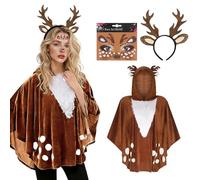 Feithmonic Costume da capriolo da donna, costume da renna, per adulti, con cappuccio, con corna, costume per il viso, costume da animale per Natale, Halloween