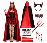 Feithmonic Costume Halloween Donna Diavolo con Mantello per Adulto | 7 pezzi Bifacciale Nero Rosso, Mantello con Cappuccio, Vestito Dracula Strega Horror, Collana Guanti Tridente Tatuaggio 140cm