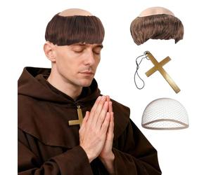 Feithmonic Parrucca da Monaco Uomo, Parrucca Mezza Calva in Lattice, Collana con Croce e Rete Capelli, Costume Adulti Monaco Medioevo per Halloween Cosplay Festa, Capelli Marrone Chiaro Corto, 3 Pezzi