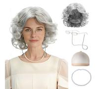 Feithmonic Parrucca da Nonna Adulta, 5 Pezzi Parrucca Nonna Grigia, Costume Vecchia Signora Include Occhiali, Cordoncino per Occhiali, Collana, Rete per Capelli, per Carnevale, Cosplay, Halloween