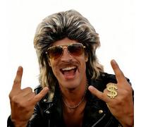 Feithmonic Vokuhila Parrucca da uomo, anni '80, set di parrucche da uomo, con occhiali da barba, anello divertente, costume da discoteca hippie 70 anni '90 s, costume da carnevale per Halloween Rock