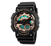 FeiWen Sportivi Orologi da Polso da Uomo e Ragazzo Analogico Quarzo LED Digitali Multifunzione Orologio 50M Impermeabili Plastica Cassa e Gomma Banda Doppio Tempo, Oro
