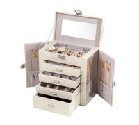 FEIYAN Portagioie da donna in pelle a 5 strati con cassetti/specchio, scatola portagioie bianca grande per collane, anelli, orecchini, orologi (bianco)