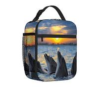 feiyuzhang Borsa per il pranzo con motivo animale, per uomini, donne, adulti, foto dei delfini al tramonto, piccola borsa per il pranzo per ufficio, lavoro, picnic, riutilizzabile, portatile, blu