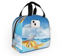 feiyuzhang Borsa portapranzo da donna, portatile, isolata, con piccoli pesci rossi in acqua, borsa per il pranzo con tasca, per ufficio, lavoro, picnic, escursionismo, spiaggia, allenamento, blu