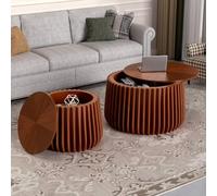 FeiZhiYanS Set di 2 tavolini da caffè rotondi in legno impilabili, tavolino da caffè scanalato circolare artigianale di metà secolo, entrambi con contenitore, per soggiorno, ufficio,A