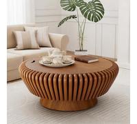 FeiZhiYanS Tavolino da caffè rotondo scanalato da 35,4 pollici con contenitore, tavolino da caffè a tamburo artigianale con piedistallo robusto, tavoli centrali della metà per il soggiorno,R