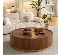 FeiZhiYanS Tavolino rotondo con cassetto portaoggetti nascosto, completamente assemblato, stile Mid-Century, a tamburo, in noce con base dorata, ideale per soggiorno, e piccoli spazi,A