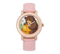 FekiLoot Bear Eats Honey - Orologio da donna con cinturino in pelle, alla moda, con quadrante rosa, analogico, al quarzo, minimalista, elegante, delicato, per feste, uso quotidiano e regalo