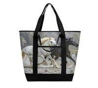 FekiLoot Borsa per la spesa con cavalli in bianco e nero isolata in esecuzione Borsa riutilizzabile per generi alimentari Borsa termica di grande capacità a prova di perdite Borse per la spesa