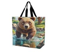 FekiLoot Borsa per la spesa con orso che attraversa il fiume cartone animato, resistente, extra large, borsa per la spesa da spiaggia, borsa per la spesa, multiuso, pieghevole, riutilizzabile, per