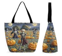 FekiLoot Borsa tote da donna con campo di zucca con palla scheletrata, borsa da spiaggia con cerniera, borsa casual di grande capacità, borsa a tracolla da viaggio per shopping, lavoro, palestra